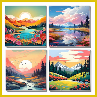 Set of four colorful landscape paintings with mountains, lakes, and trees.