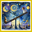 Illustration of a cat and girl on a see-saw with a celestial background