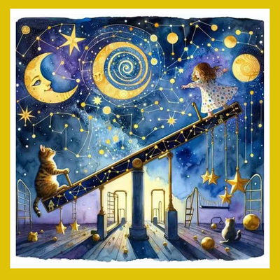Illustration of a cat and girl on a see-saw with a celestial background