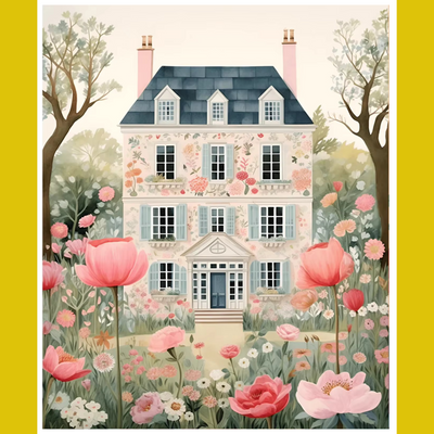 A paint by number kit image featuring a house with floral elements in the foreground.