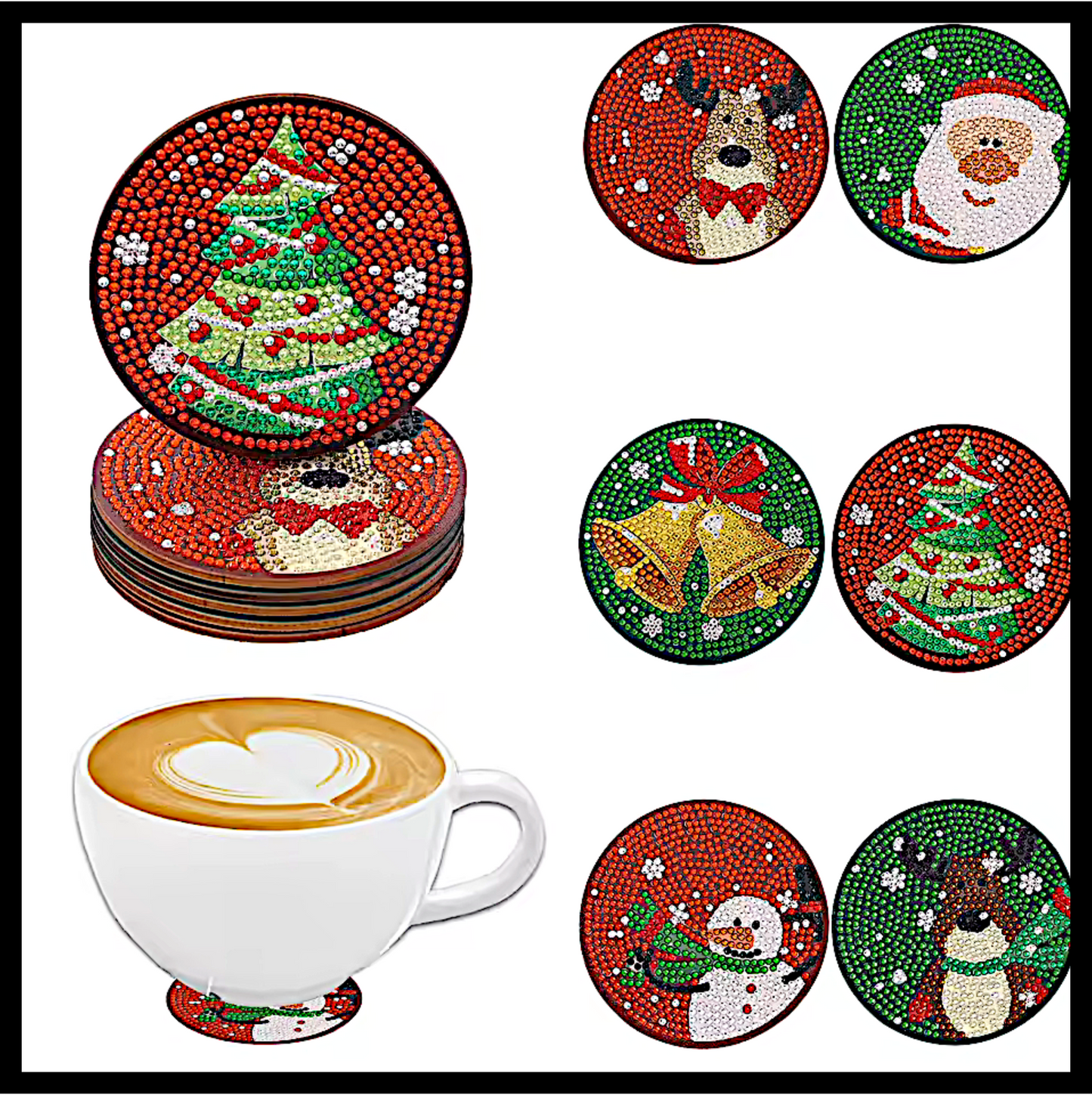 RED & GREEN XMAS MIX COASTER SET DIAMOND PAINTING KIT - 6 SET