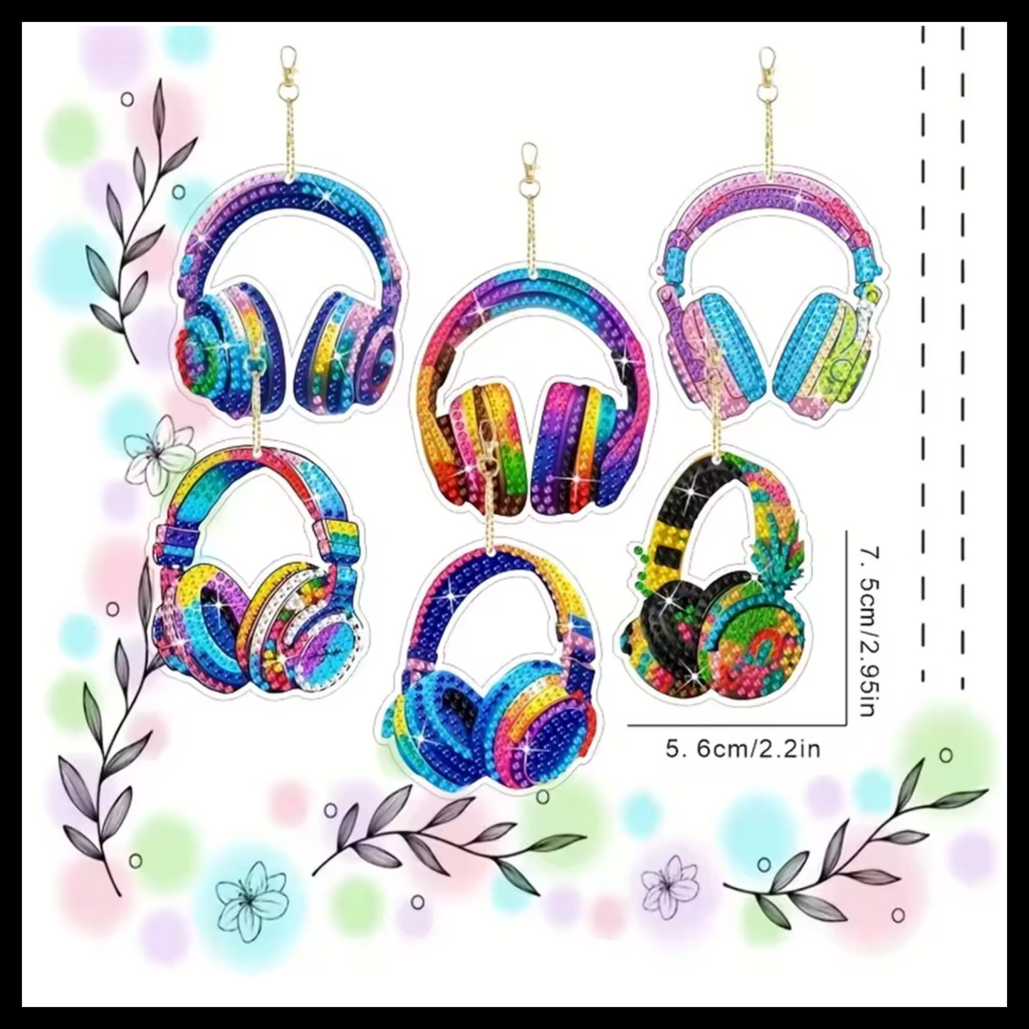 HEADPHONES RETRO KEYCHAINS DIAMOND PAINTING KIT - 6 KEYCHAINS