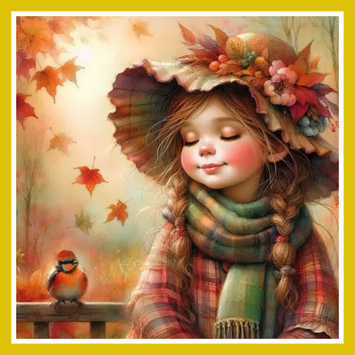 Illustration of a girl in an autumn-themed outfit with a bird and leaves in the background.