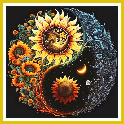 A paint-by-number kit image featuring a yin-yang symbol with sunflowers in vibrant colors and a dark background.