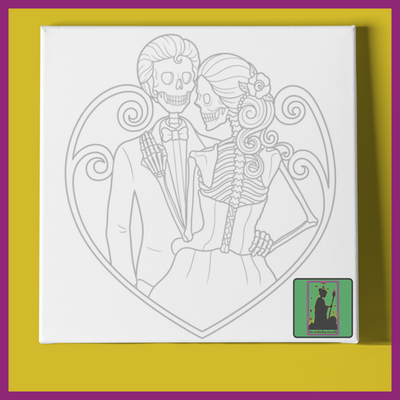 SKELETON WEDDING COUPLE IN HEART PREDRAWN CANVAS PANEL