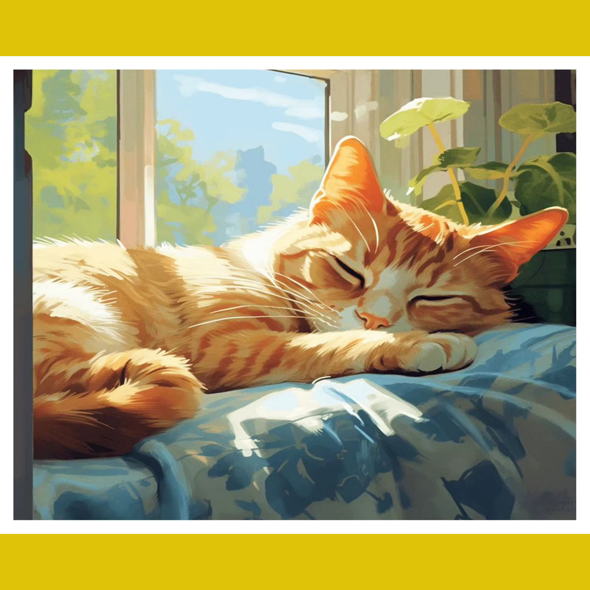 A paint-by-number kit image featuring a sleeping orange and white cat on a blue surface with a bright window in the background.