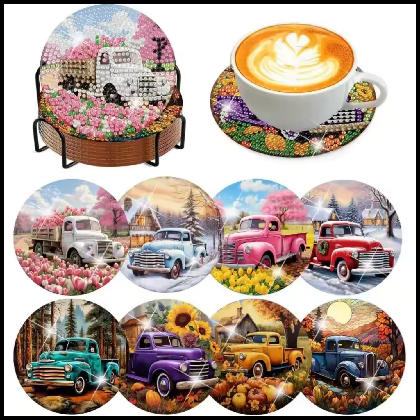 FLORAL PICKUP TRUCKS DIAMOND PAINTING 8 COASTER SET WITH HOLDER