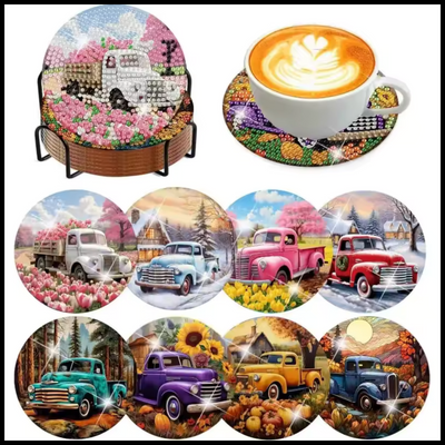 FLORAL PICKUP TRUCKS DIAMOND PAINTING 8 COASTER SET WITH HOLDER