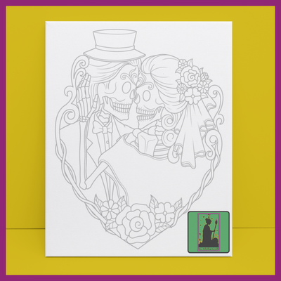 CUDDLING SKELETON COUPLE IN HEART PREDRAWN CANVAS PANEL