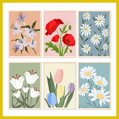 Set of six floral prints with different flower arrangements on a yellow border.