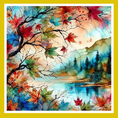 Colorful autumn-themed artwork with leaves and a landscape.