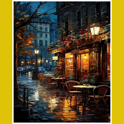 A paint-by-number kit image featuring a night scene of a city street with a lit cafe, chairs, and a wet pavement reflecting lights.