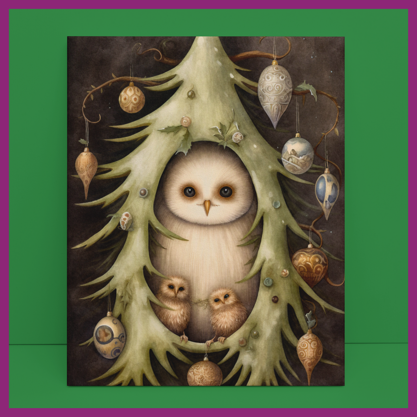 WHIMSICAL CHRISTMAS MAMA OWL AND BABIES CANVAS PRINT (9"x13")