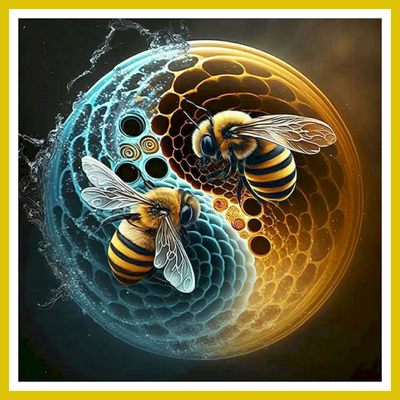 A paint-by-number kit image featuring two bees on a yin-yang symbol with a honeycomb background.