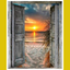 Open wooden doors leading to a beach sunset scene with vibrant colors.