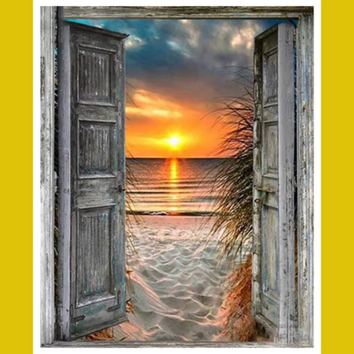 Open wooden doors leading to a beach sunset scene with vibrant colors.