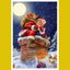 Paint by number kit image of Santa Claus on a chimney with presents and toys, against a night sky with moon.