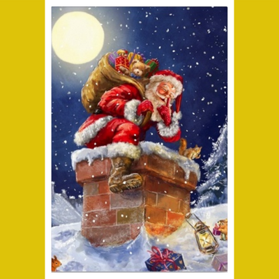 Paint by number kit image of Santa Claus on a chimney with presents and toys, against a night sky with moon.