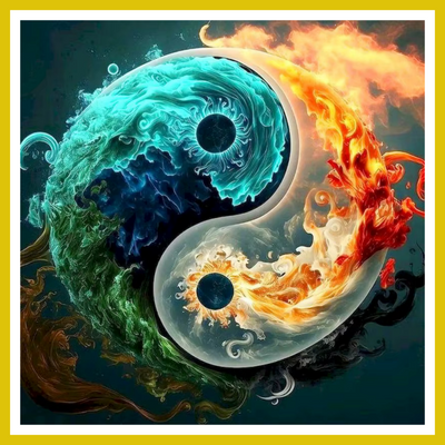 A paint-by-number kit image featuring a yin yang symbol with one half hot sun and the other half cold sun
