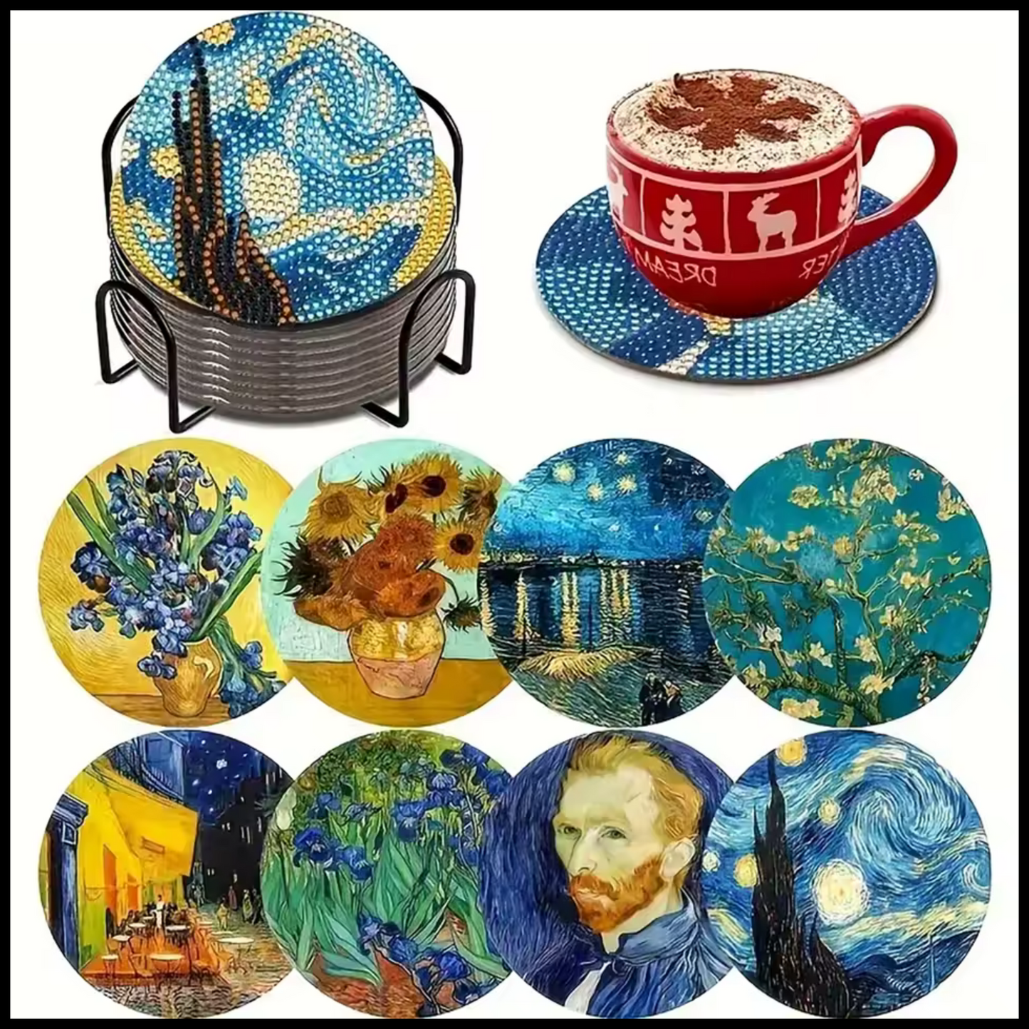 VAN GOGH DIAMOND PAINTING 8 COASTER SET WITH HOLDER