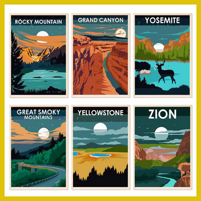 Set of six posters featuring famous national parks with scenic illustrations.