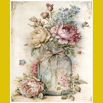 A paint-by-number kit image featuring a floral design with a jar and various flowers, including pink and blue blossoms, with a butterfly and decorative elements in a vintage style.