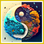 A paint by number kit image featuring a yin yang symbol with blue and white colors representing autumn with trees and leaves.