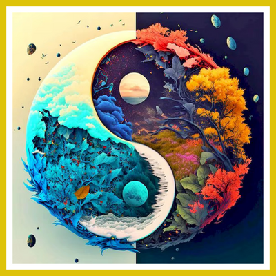 A paint by number kit image featuring a yin yang symbol with blue and white colors representing autumn with trees and leaves.