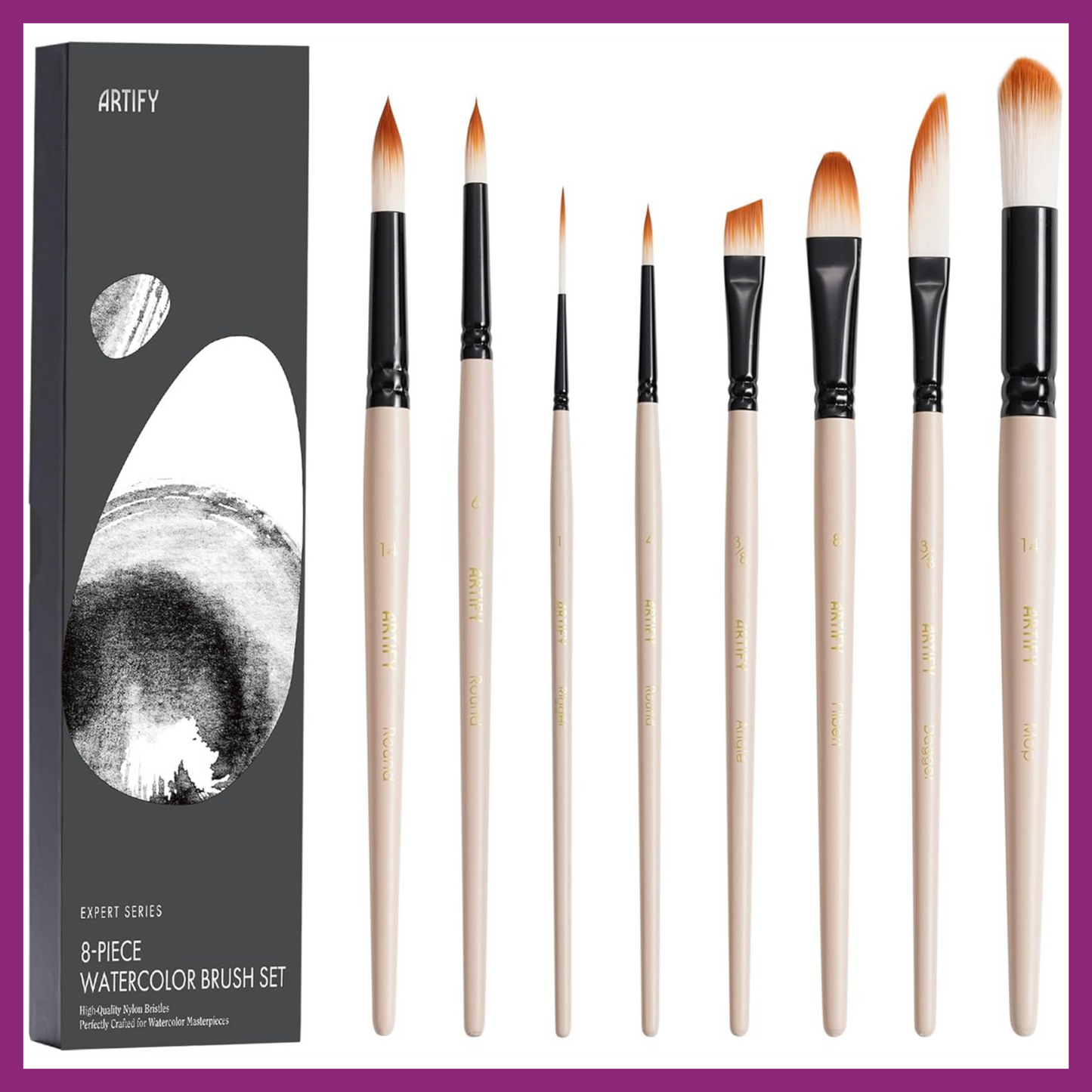 WATERCOLOR PAINTBRUSH SET OF 8 NYLON BRUSHES