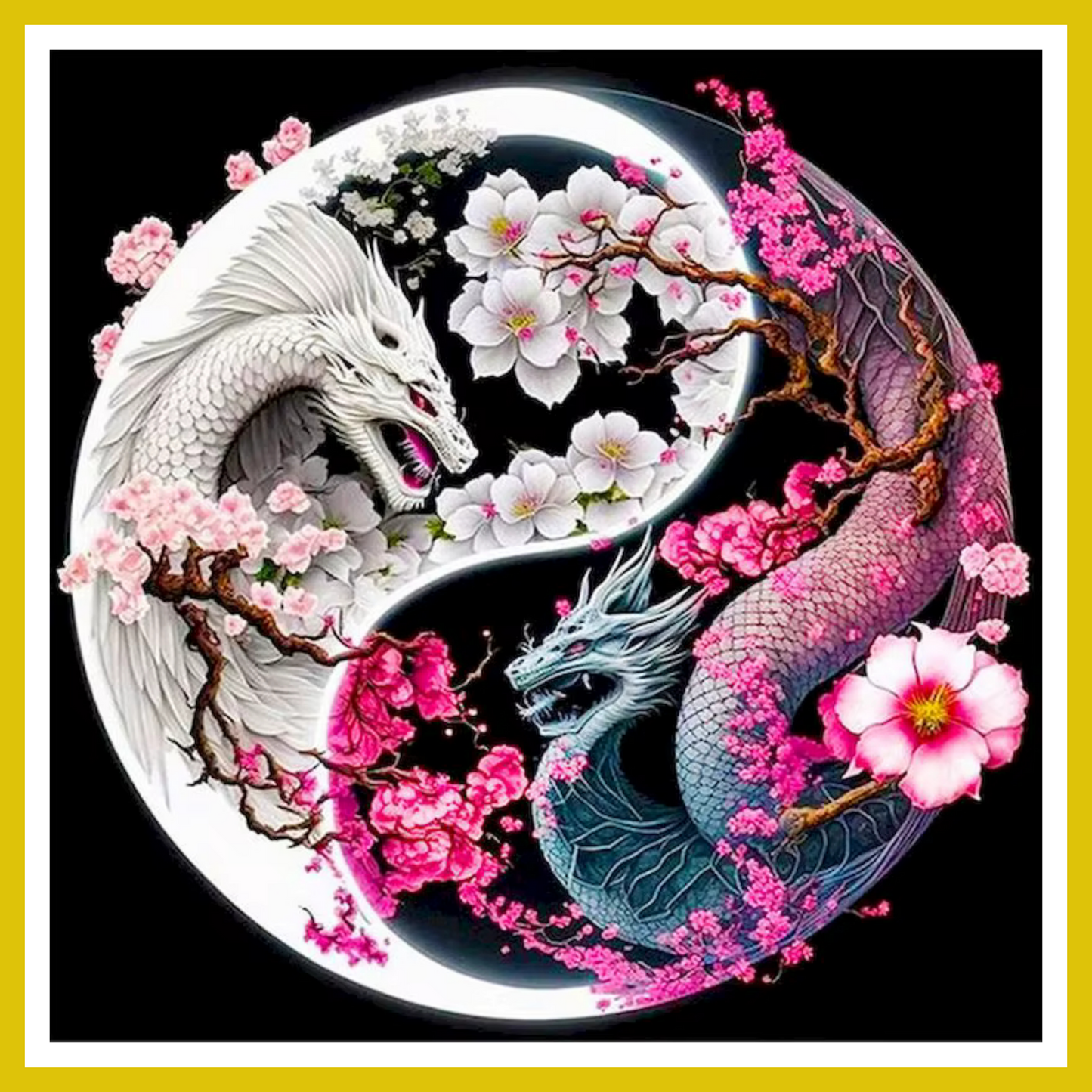 A paint-by-number kit image featuring a yin yang design with pink dragons and floral elements on a black background.