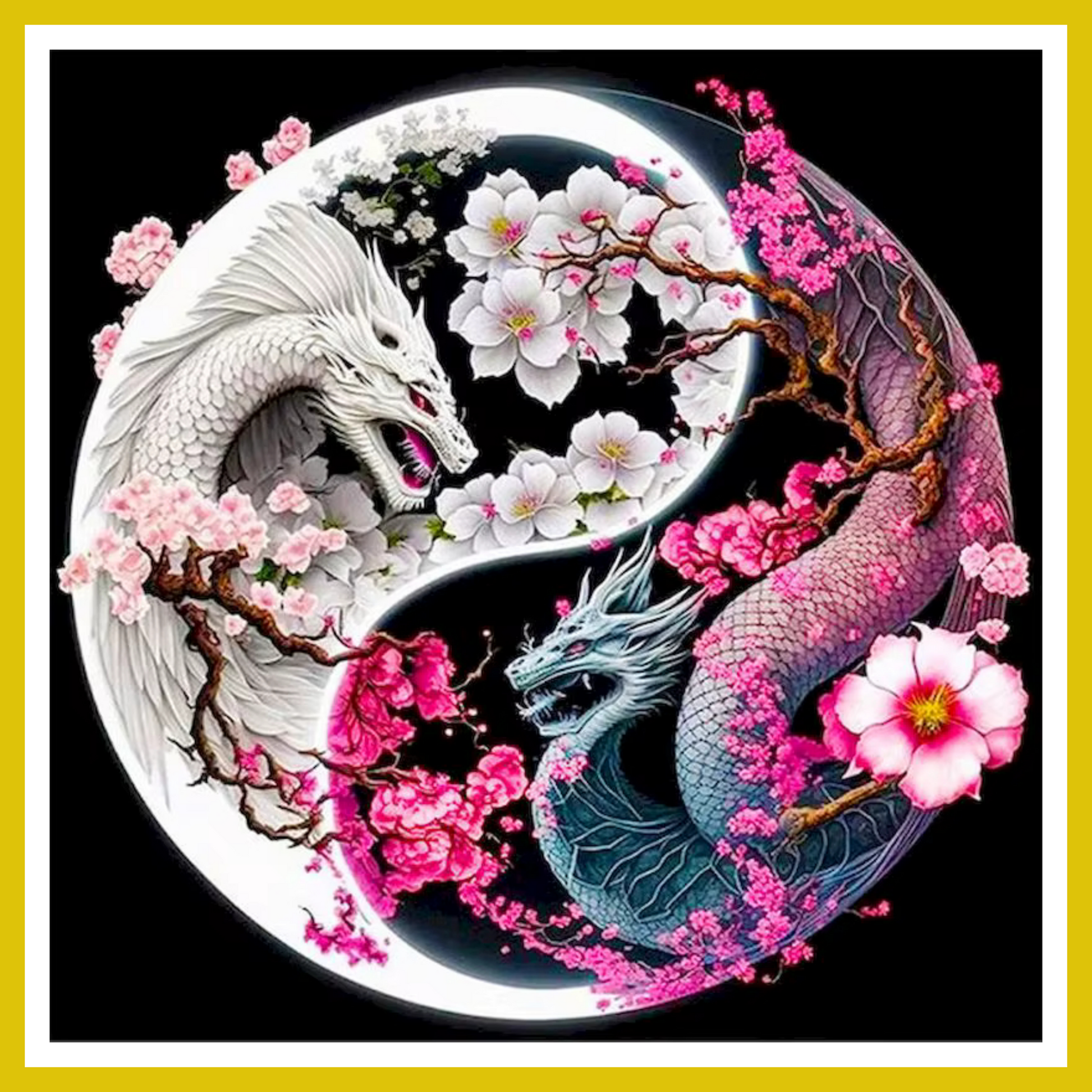 A paint-by-number kit image featuring a yin yang design with pink dragons and floral elements on a black background.