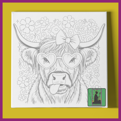HIGHLAND COW WITH HEART GLASSES PREDRAWN CANVAS PANEL