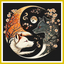 A paint-by-number kit image featuring a yin yang design with a white and a black coyote surrounded by floral patterns and a crescent moon on a black background.