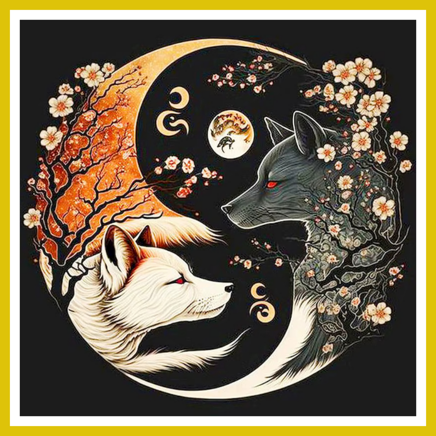 A paint-by-number kit image featuring a yin yang design with a white and a black coyote surrounded by floral patterns and a crescent moon on a black background.