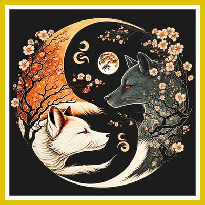 A paint-by-number kit image featuring a yin yang design with a white and a black coyote surrounded by floral patterns and a crescent moon on a black background.