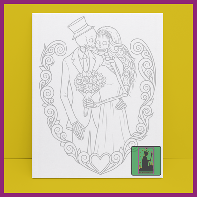 HAPPY SKELETON WEDDING COUPLE IN HEART FRAME PREDRAWN CANVAS PANEL