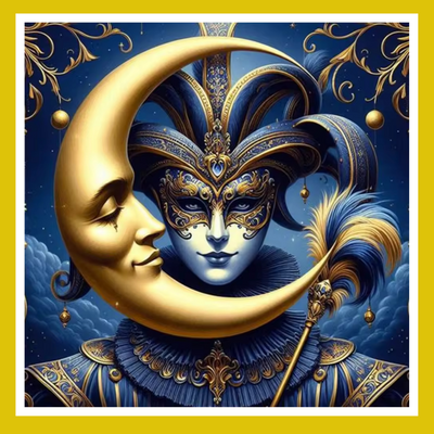 Decorative image with a joker mask, gold crescent moon, and ornate headdress against a blue background.