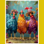 A colorful artistic representation of three stylized chickens wearing accessories such as sunglasses and a hat, standing on a surface with a vibrant background.