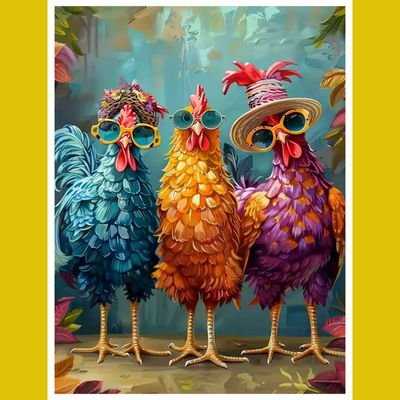 A colorful artistic representation of three stylized chickens wearing accessories such as sunglasses and a hat, standing on a surface with a vibrant background.