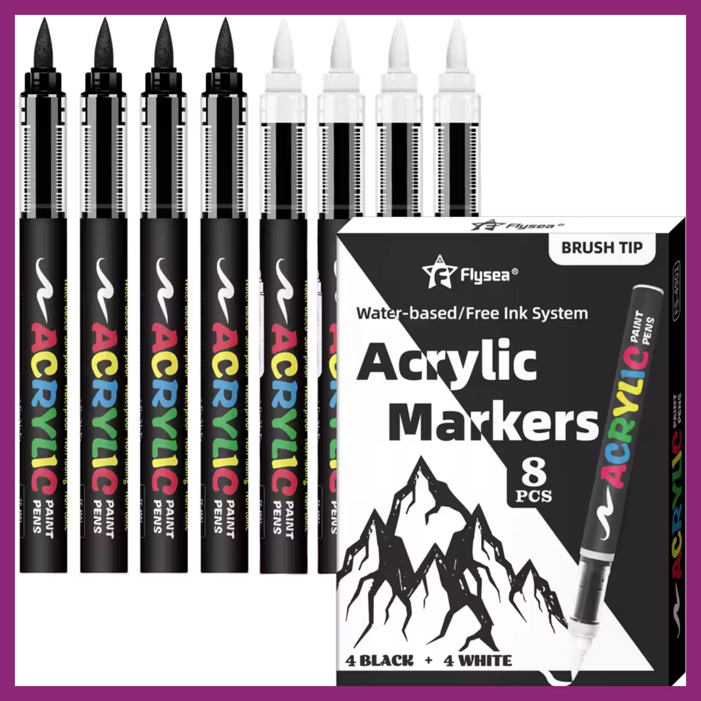 Flysea 8 Acrylic Paint Pens - 4 Black + 4 White