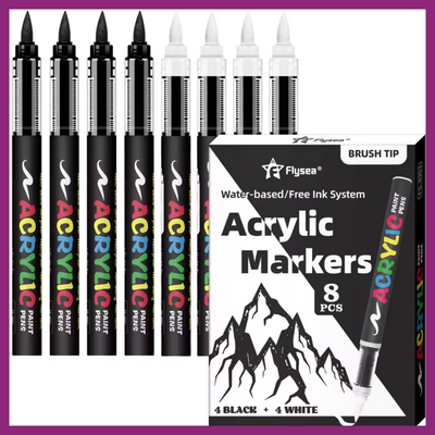 Flysea 8 Acrylic Paint Pens - 4 Black + 4 White