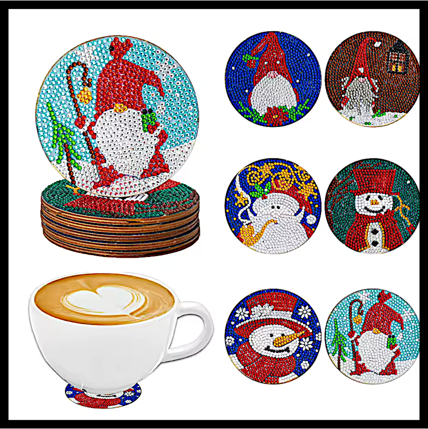 GNOME, SNOWMEN MIX COASTER SET DIAMOND PAINTING KIT - 6 SET