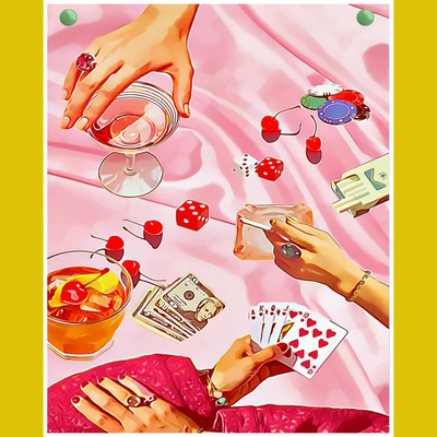 A painting by number kit image depicting a scene with people's hands engaging in various activities such as holding cards, dice, and a glass, against a pink background.
