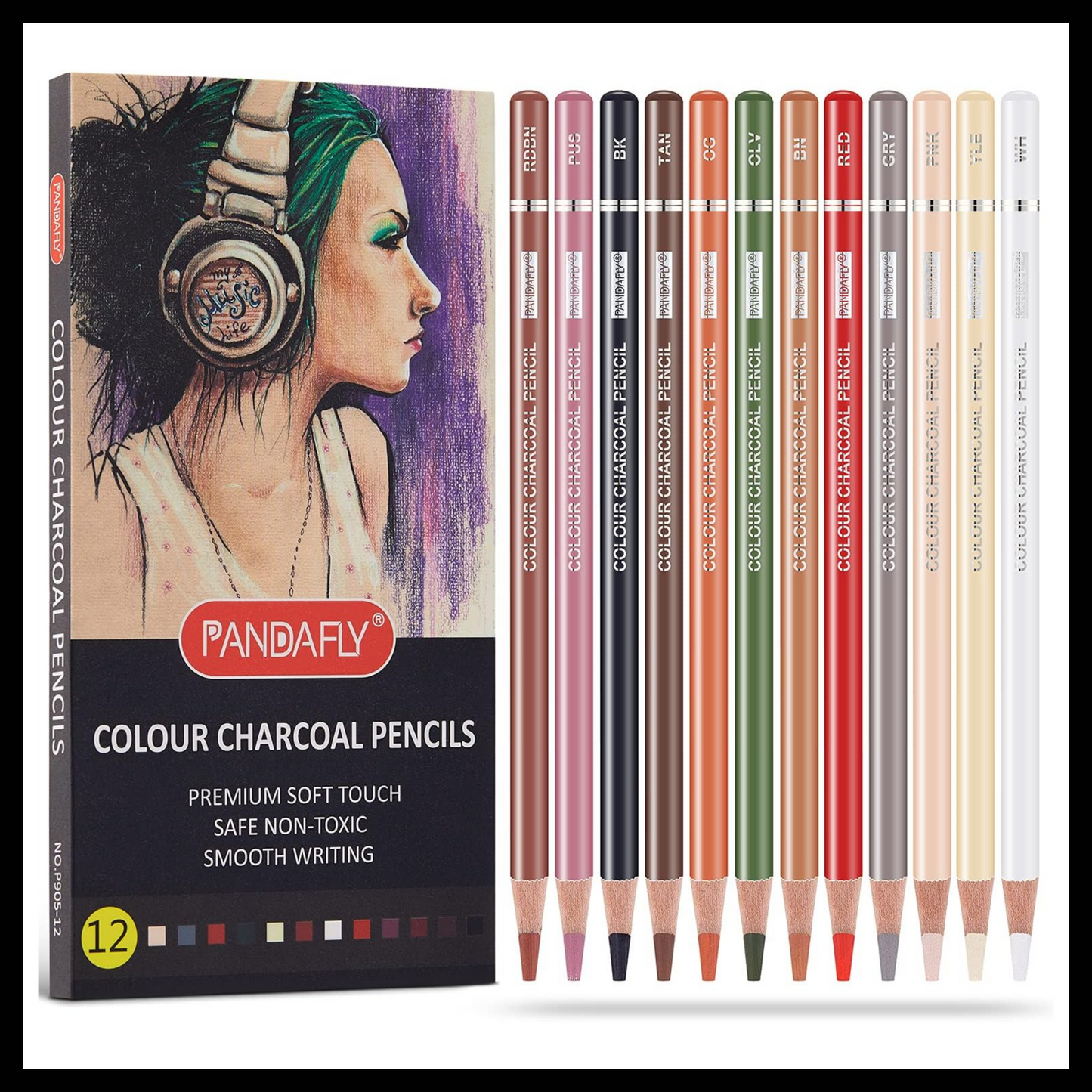 PANDAFLY PRO COLORED CHARCOAL PENCILS 12 SET