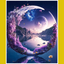 A paint-by-number kit image featuring a floral and celestial themed scene with a moon and purple flowers.