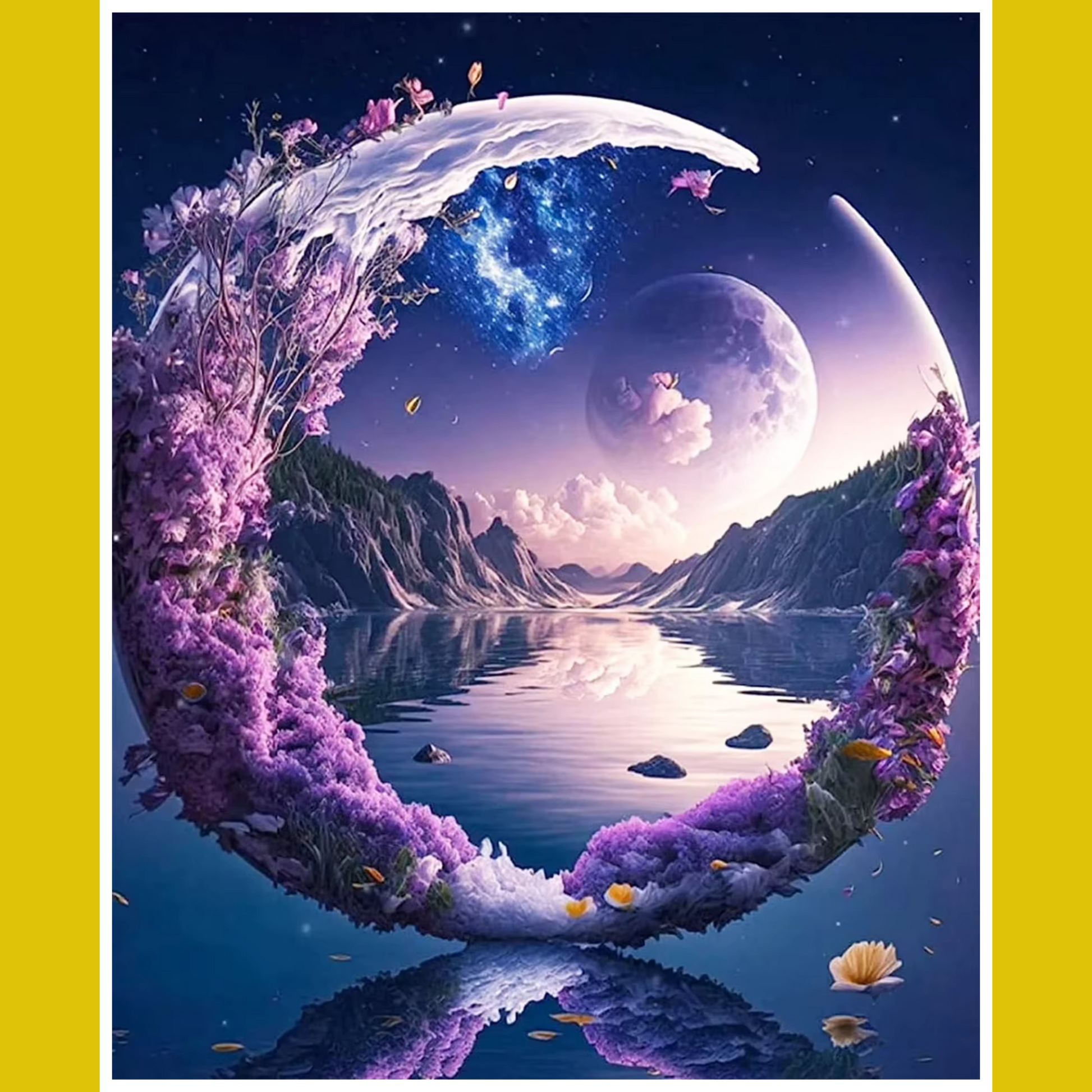 A paint-by-number kit image featuring a floral and celestial themed scene with a moon and purple flowers.