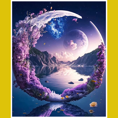 A paint-by-number kit image featuring a floral and celestial themed scene with a moon and purple flowers.