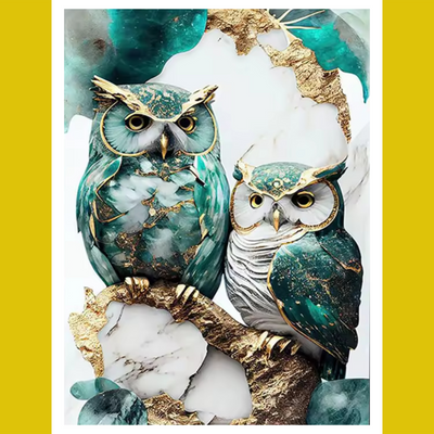 Decorative owls with green and gold accents on a marble-like background paint by number kit image
