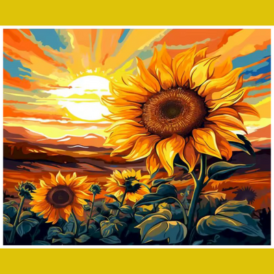 A paint-by-number kit image featuring sunflowers in a field with a sunrise in the background.