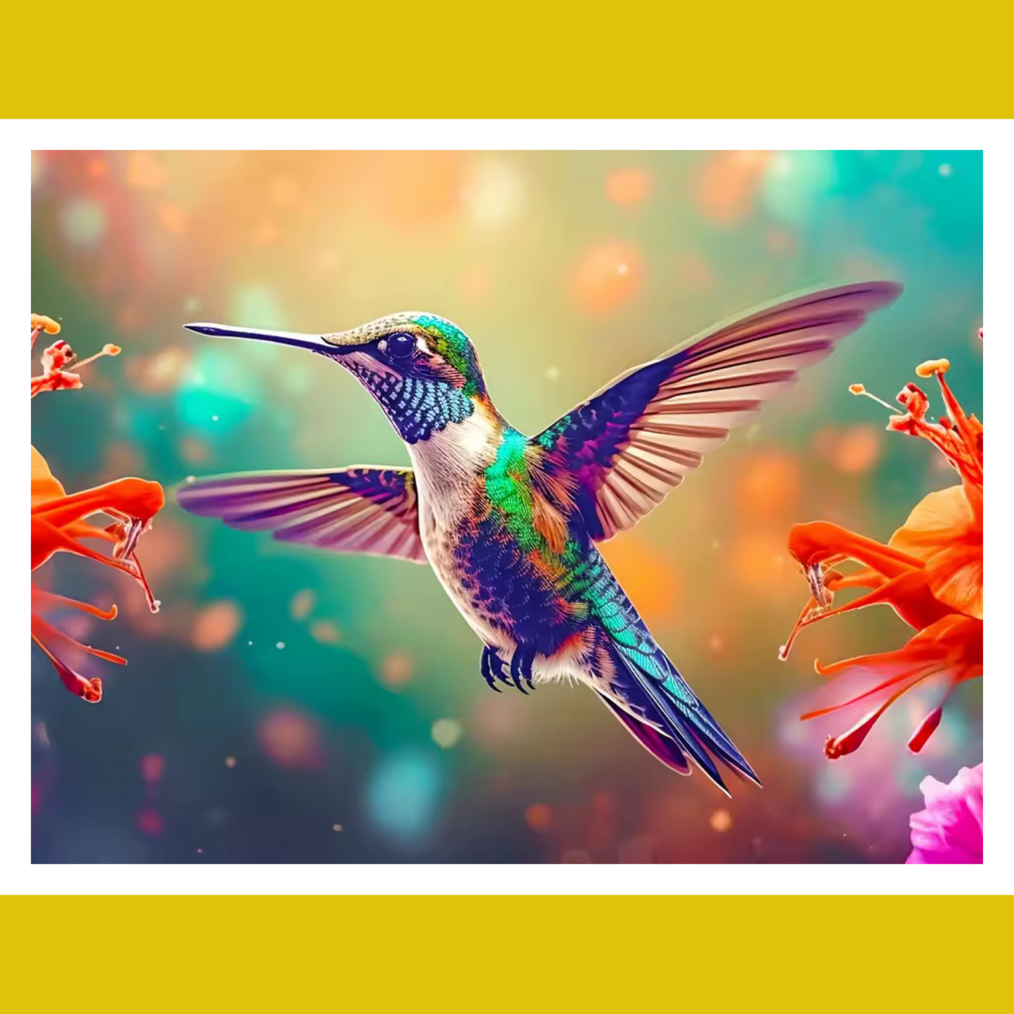 Colorful hummingbird flying among flowers with a vibrant, blurred background